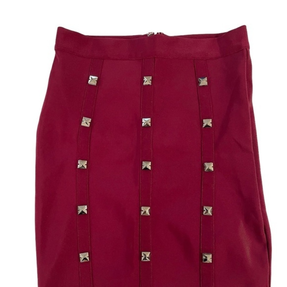 12th Solid Burgundy Bandage Pencil Skirt with Silver Pyramid Studs‎ High Waisted